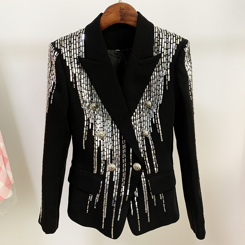 

HIGH STREET vintagestreetwear Designer Jacket Women' Double Breasted Luxurious Stunning Silver Metal Buttons Beaded Blazer F066, Black