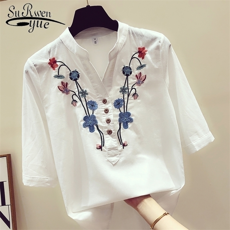 

womens tops and blouses shirts white blouse plus size Embroidery V-Neck summer 3140 50 220402