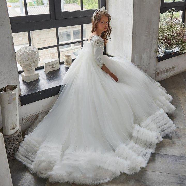 Robes de soirée robe pour filles mariage fleur fille blanc filles-fleurs robe de bal Tulle Applique