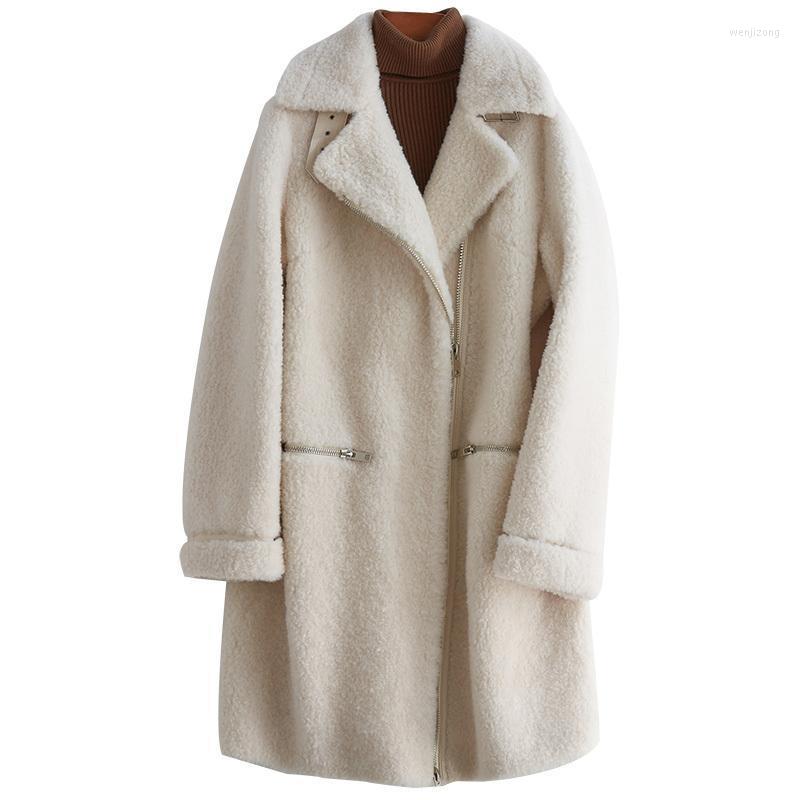 

Women's Wool & Blends 2022 Pure Overcoat Girls Long Fund Suit Lead Grain Lamb Shearing Of Sheep Leather And Fur Loose Coat, Creamy white