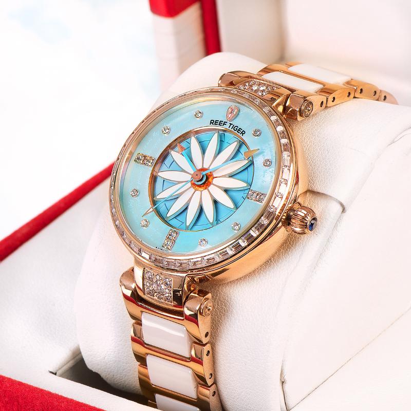 

Wristwatches Reef Tiger/RT Fashion Lily Women Watch Rose Gold Diamonds Bezel Lady Automatic Watches Relogio Feminino RGA1599Wristwatches, Rga1599-yly