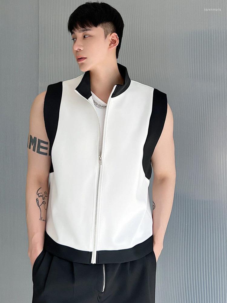 

Men's Vests SYUHGFA Men Clothing 2022 Spring Summer Korean Style Sleeveless Zipper Vest Black White Patchwork For Male Kare22