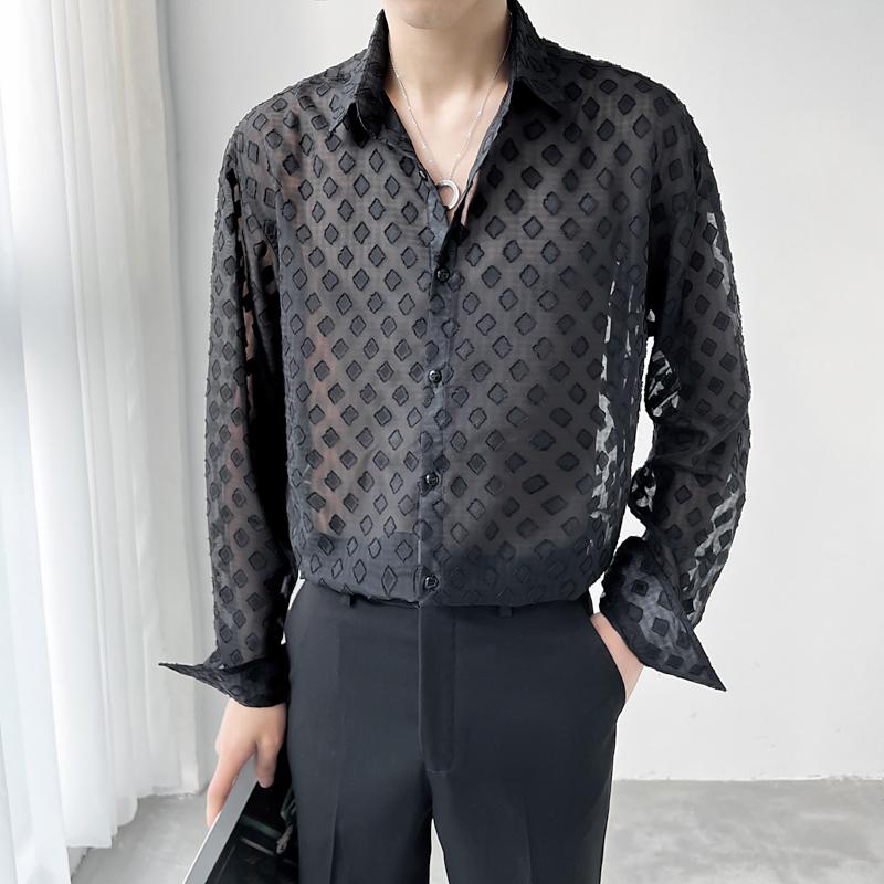 

Men's Casual Shirts Hollow See-through Men's Long Sleeve Korean Shirt Streetwear Social Party Tuxedo Singer Stage Chemise HommeMen's, Black
