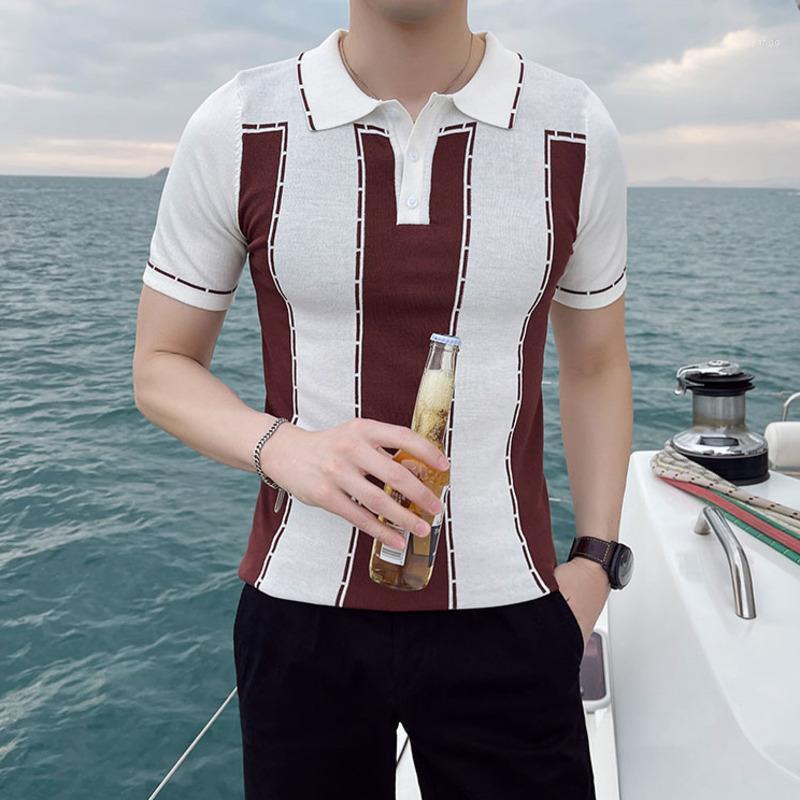

Men's Polos Fashion Short Sleeved Shirt Black Contrast Stitching Mannen Irregular Striped Knitted Men Summer High Quality