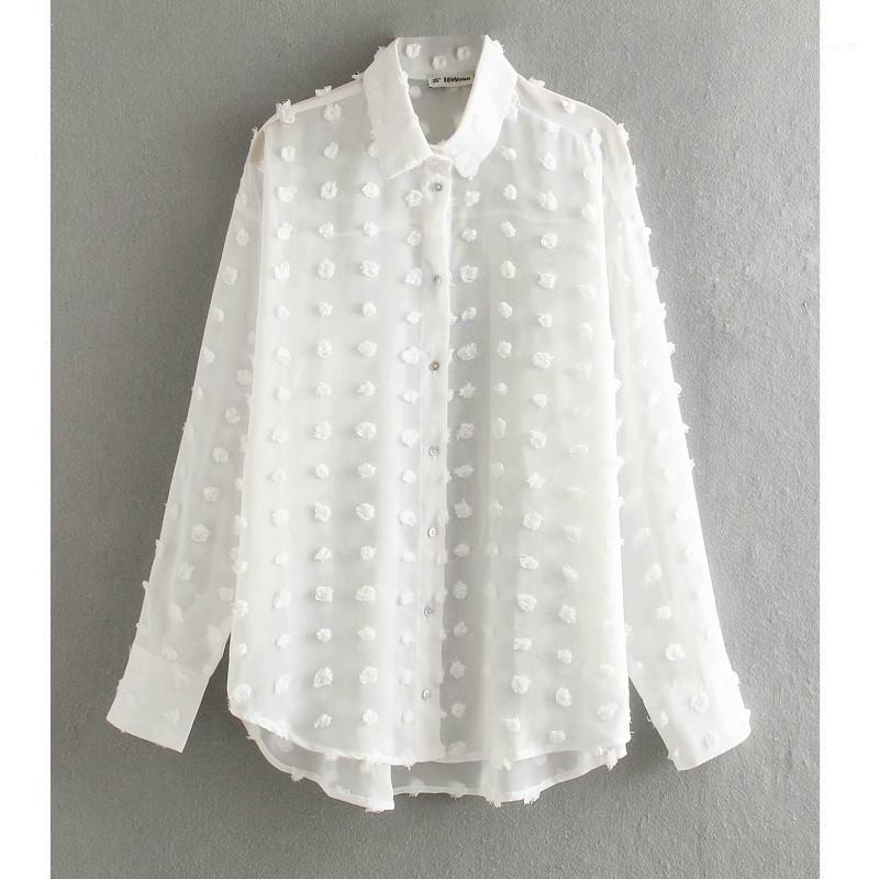 

Harajuku Women Shirt Fashion Dot Stitching Casual Chiffon Blouse Long Sleeve Chic Korean Perspective White Tops Women's Blouses & Shirts, As picture