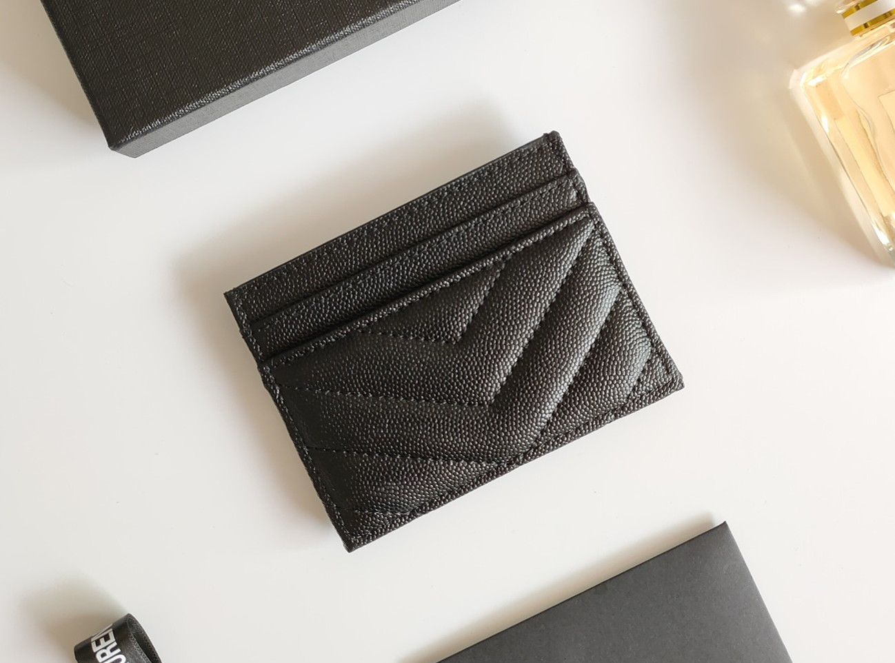 Modekorthållare Caviar Woman mini plånbok designer ren färg äkta läderonsten textur lyxig svart plånbok med låda
