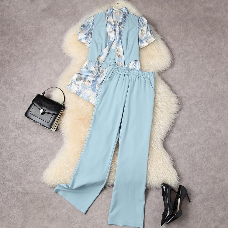 

Women' Two Piece Pants European And American Women' Wear Spring 2022 Short Sleeve Mosaic Print Bow Collar Wide-legged Fashion SuitsWom, Blue