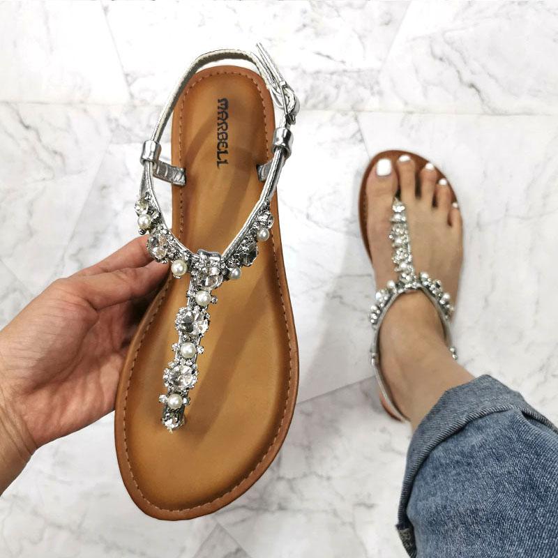 

Sandals 2022 Summer For Women Fashion Design Outside Beach Shoes Woman Pearl Diamond Back Strap Flat Sandal Large Size 42, Silver