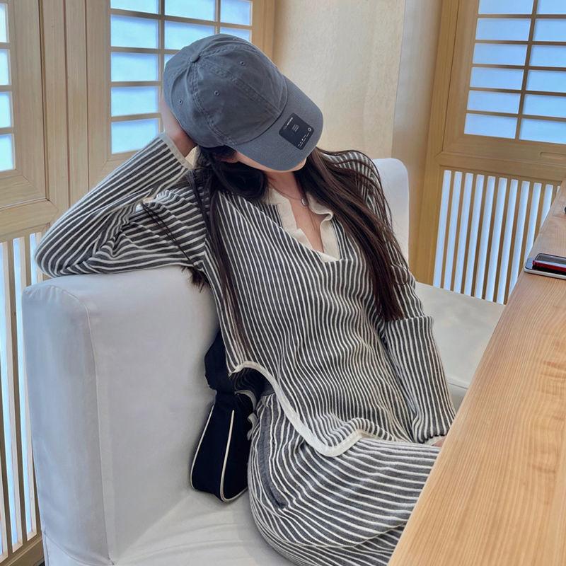 

Women' Two Piece Pants Set Striped Knitted Pullover Sweater Sets Women High Waist Knit Wide Leg Suit Spring Autumn Clothes X85