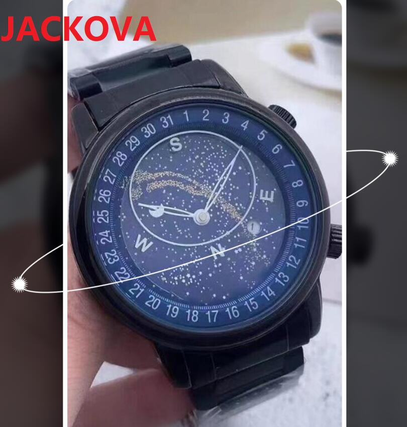 

Classic Generous Sky Blue Moon Compass Stopwatch Watch Men Stainless Steel Leather Strap Chronograph Calendar Military Japan Quartz Wristwatches montre de luxe, As pic
