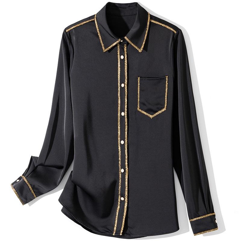 

Women' Blouses & Shirts Blusas Feminino 2022 Spring Summer Shirt Women Turn-down Collar Golden Striped Color Block Long Sleeve White Black