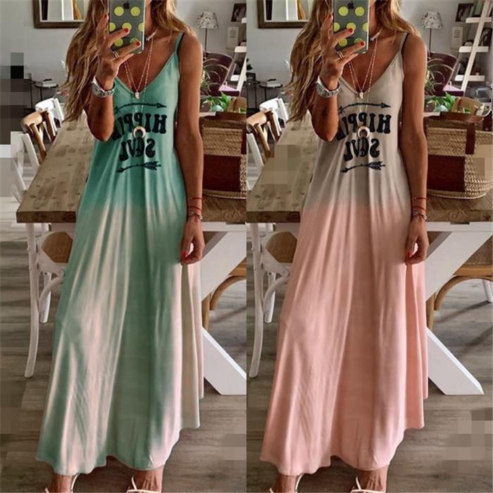 

Casual Dresses Women Sleeveless Long Dress Summer Letter Print Spaghetti Strap Beach Sundress Vestido Mujer Robe Plus Size -3XL, Light green