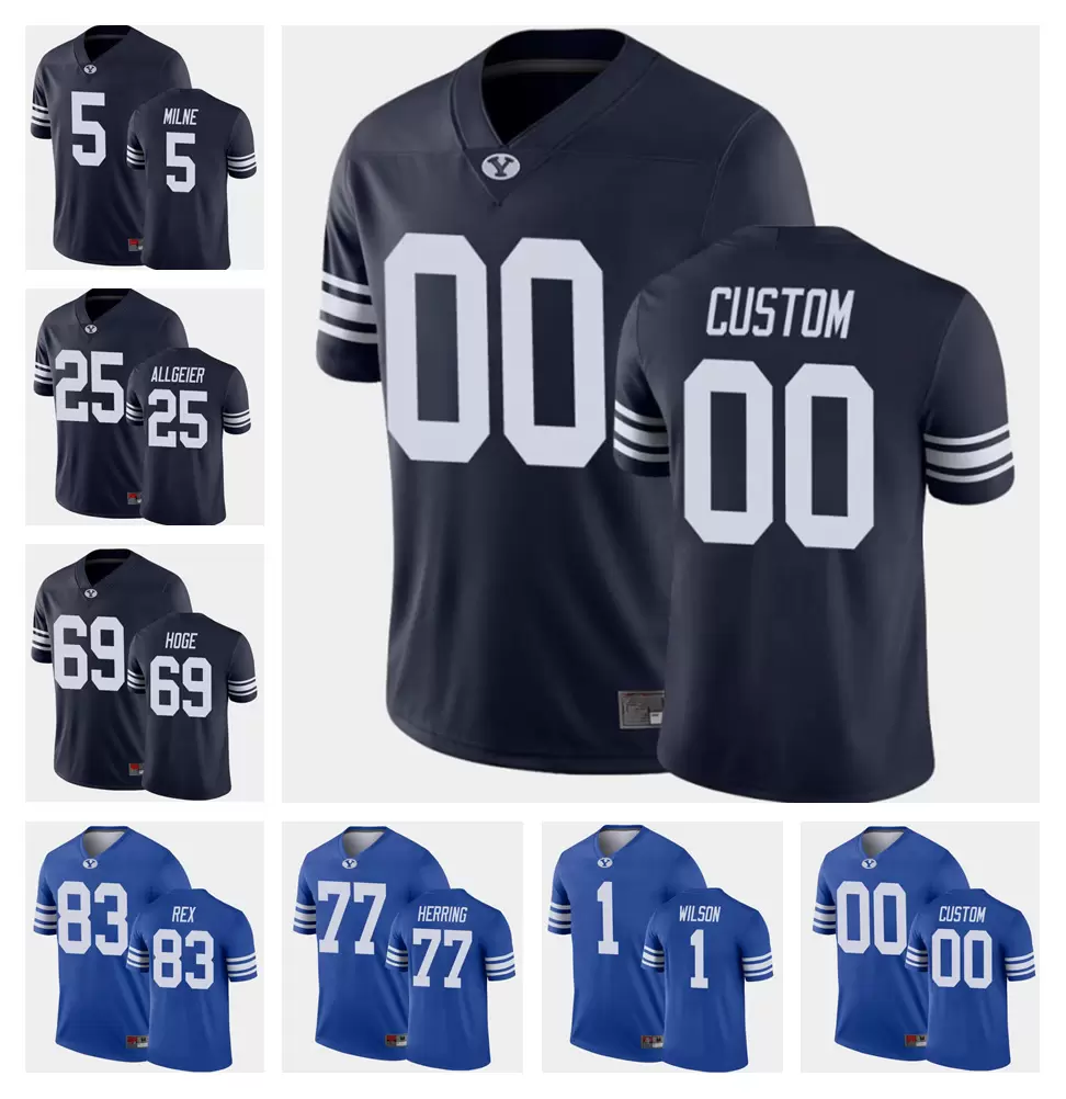 

BYU Cougars 1 Zach Wilson Football Jerseys 77 Chandon Herring 25 Tyler Allgeier 5 Dax Milne 16 Baylor Romney 4 Troy Warner Custom Men Women Youth Jersey, Colour 1