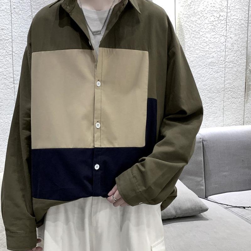 

Men's Shirt 2022 Spring And Autumn Slim Solid Color Stitching Long-sleeve Casual Lapel Fashion Youth Wear Shirts, Army green