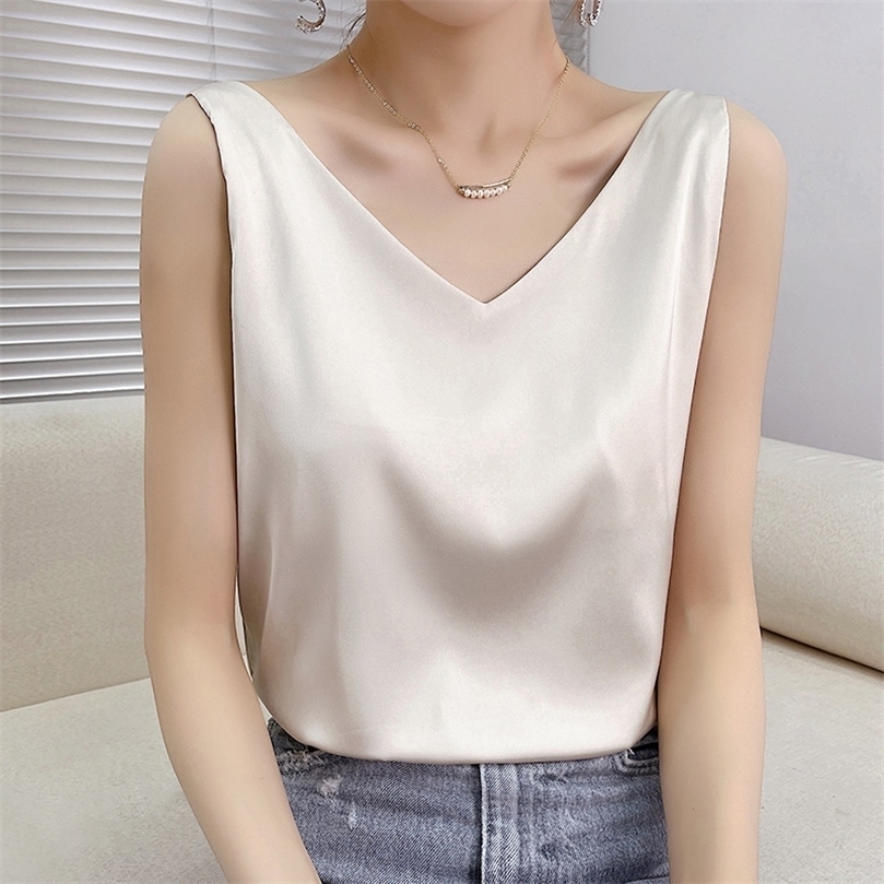 

Summer Shiny Satin Silk Tshirt Women Harajuku T Shirt Women Sleeveless Fashion T-shirt Woman Tee Tops Casual Female Luxury Sexy 220407, Two dark blue