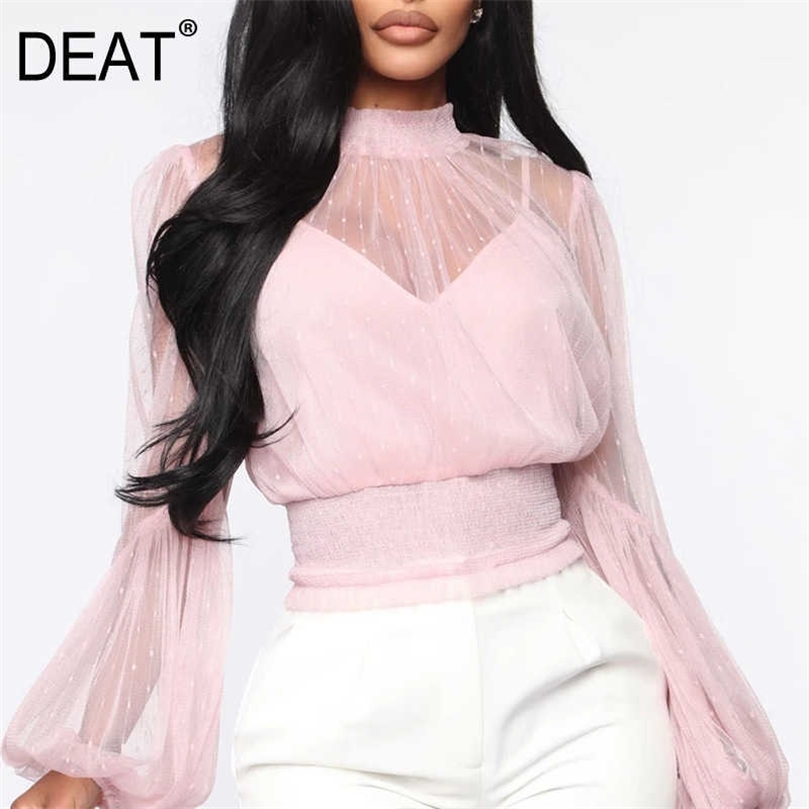 

DEAT Women Translucent Blue Mesh Pleated Shirts Arrivals Turtleneck Long Puff Sleeve Fashion Sexy Summer 11D260 210709, Pink
