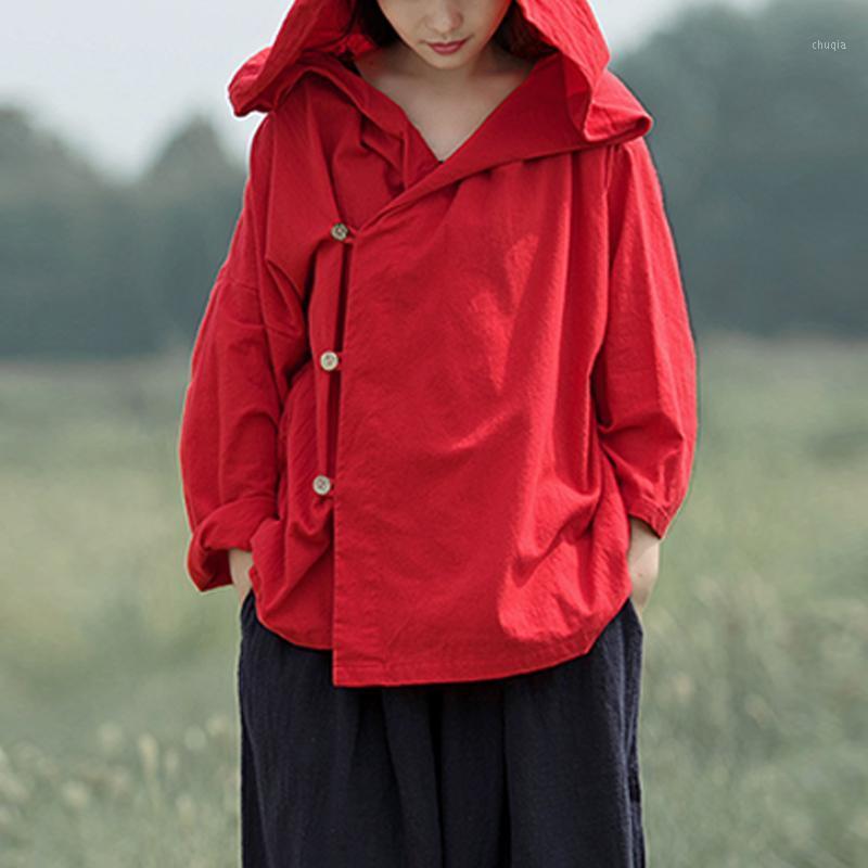 

Women' Blouses & Shirts Women 2022 Casual Vintage Hooded Long Sleeve Female Retro Button Autumn Tops Plus Size Blusas Femininas, Black