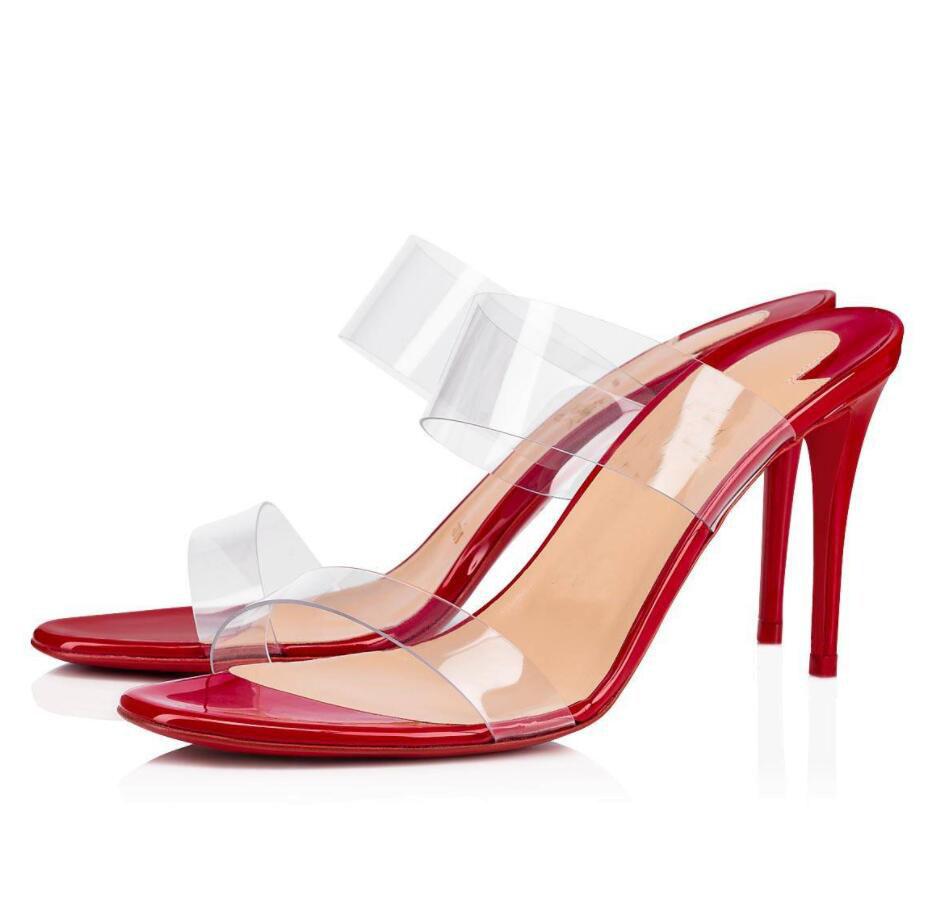 

2022 New Woman Summer Sandals Red Soles Heels, Red Bottoms Shoes Just-nothing Style Leather And PVC Straps,Sexy Lady Wedding Party Dress Shoe