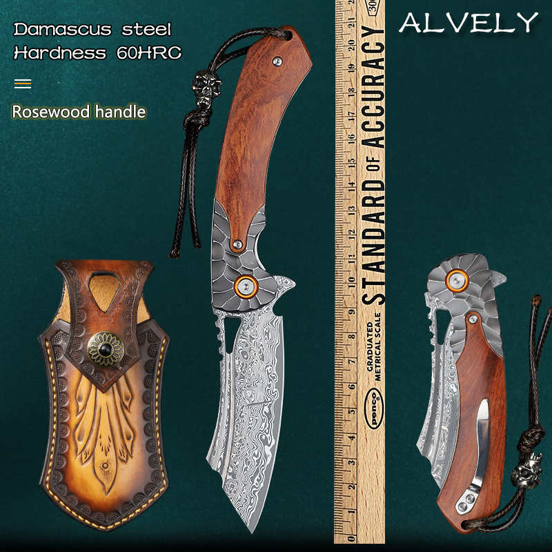 

High hardness VG10 Damascus steel wooden handle folding knife outdoor camping fishing hunting survival tactical fighting self-defense EDC tool belt holster