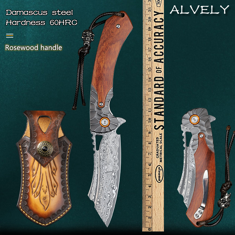 

High hardness VG10 Damascus steel wooden handle folding knife outdoor camping fishing hunting survival tactical fighting self-defense EDC tool belt holster