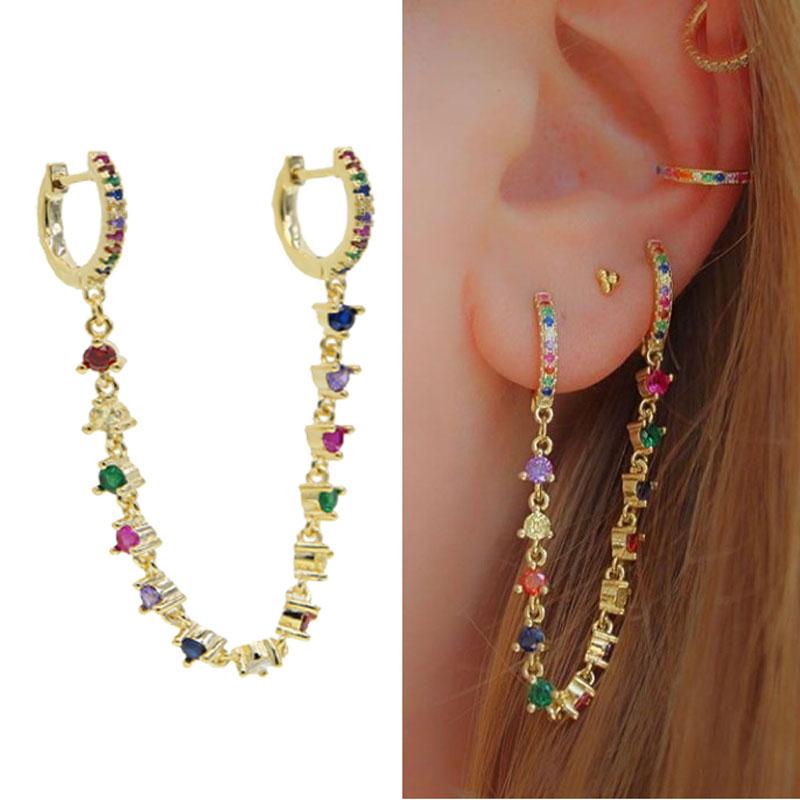 

Hoop & Huggie Top Quality Colorful Charming Tassel Earrings Double Hole Mini Gold Hoops With Rainbow White Cz Chain Women Gift JewelryHoop