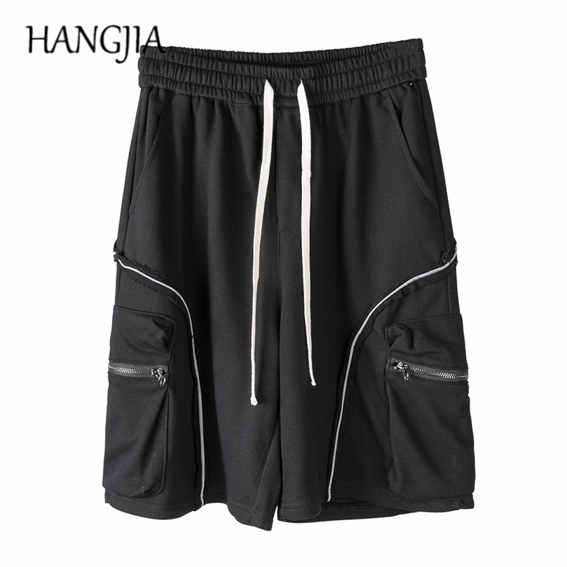 

Black Cargo Sweat Shorts High Street Side Zip Reflective Sweatpants Men Summer Loose Casual Cotton Male 220622