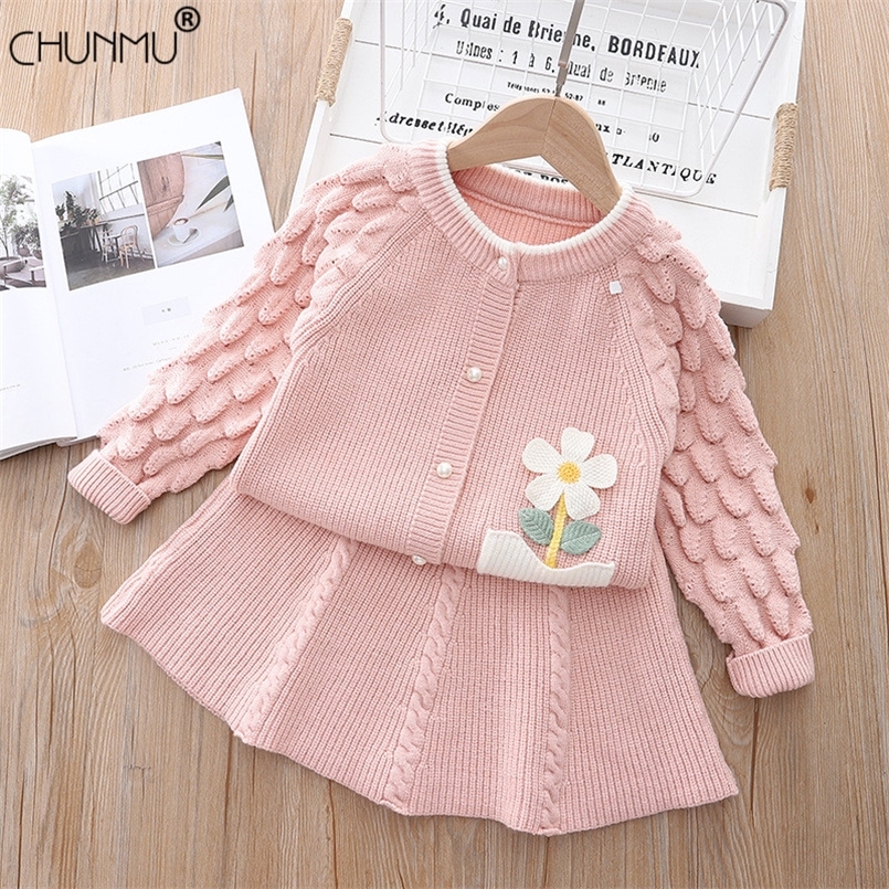 

Clothing Sets Girls Clothing Sets Spring Autumn Girls Flower Knitted Suit Kids Clothing Top Pleated Skirt Outfit for Baby Girls Clothes 220826, White