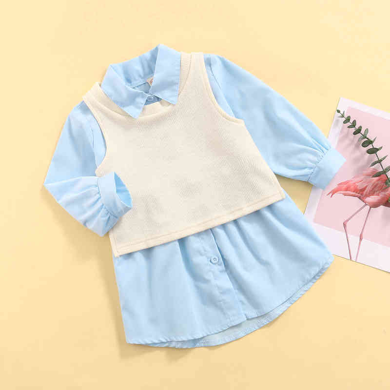 

2Pcs Fashion Kids Girls Shirt Dress Outfits Toddler Girl Button-down Lapel Long Sleeve DressKnit Vest Fall Spring Clothes L220715, Sky blue
