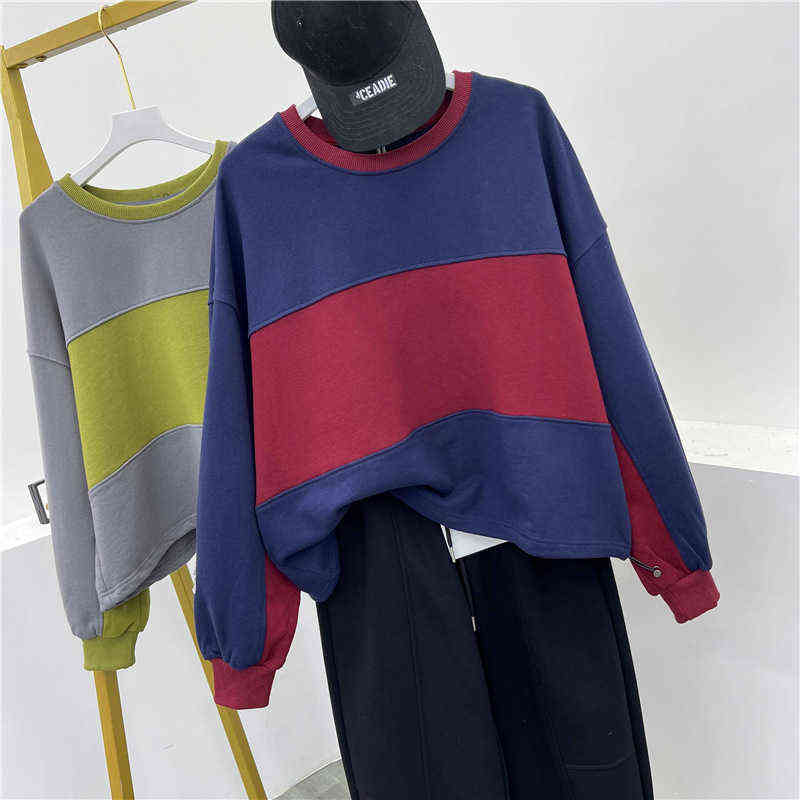 

2022 Lente Nieuwe Casual Losse Dunne Contrast Kleur Retro Hoodie Koreaanse Lui Stijl Stretch Veelzijdige O-hals Vrouwen Top Gratis T220726, Red