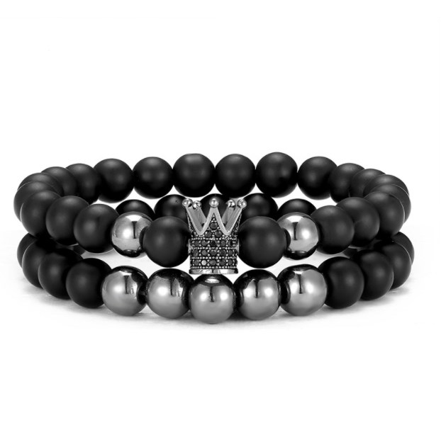 

2pcs/set Matte Black crown stone 8mm gold silver copper cz zircon cubic zirconia beads bohemian Bracelet agate Onyx Stone Bangles sdh35