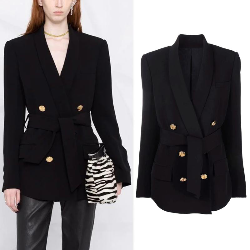 Women&#039;s Suits & Blazers Autumn And Winter European American Green Fruit Collar Double Breasted Belt Thin High Quality Black Coat Top WomenWo-image-787194400