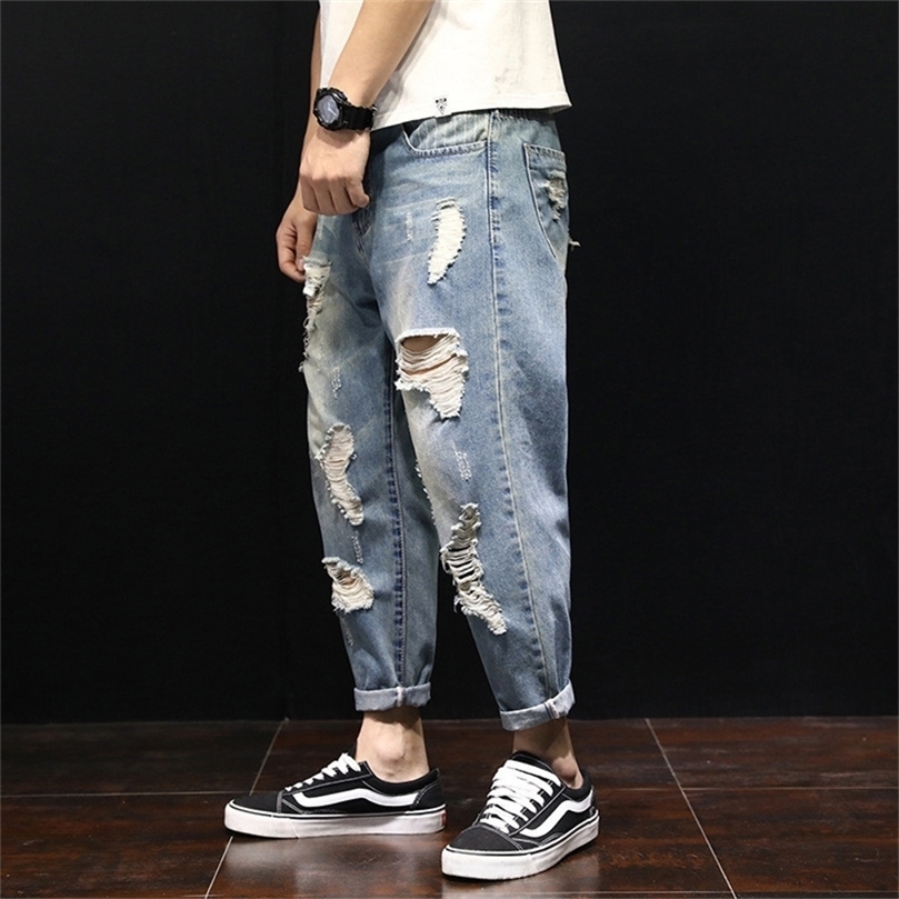 

Summer Loose Men's Harem Pants Jeans Fashion Casual Washed Ripped Distressed Holes Jeans Denim Trousers Large Size 28-42 201128, Light blue