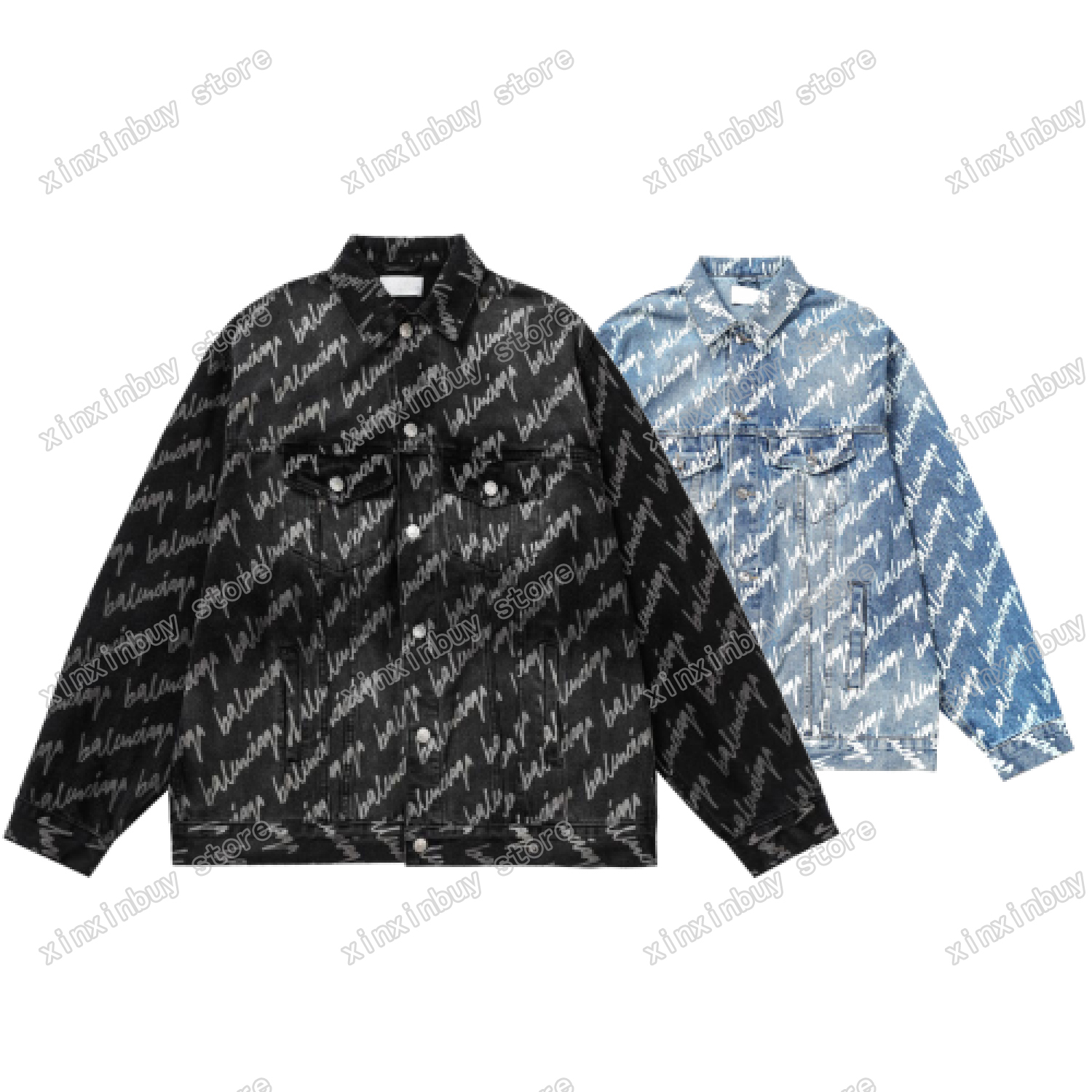 

xinxinbuy Designers Jackets Men Women Cursive letter paris Denim Lapel Neck black blue XS-L