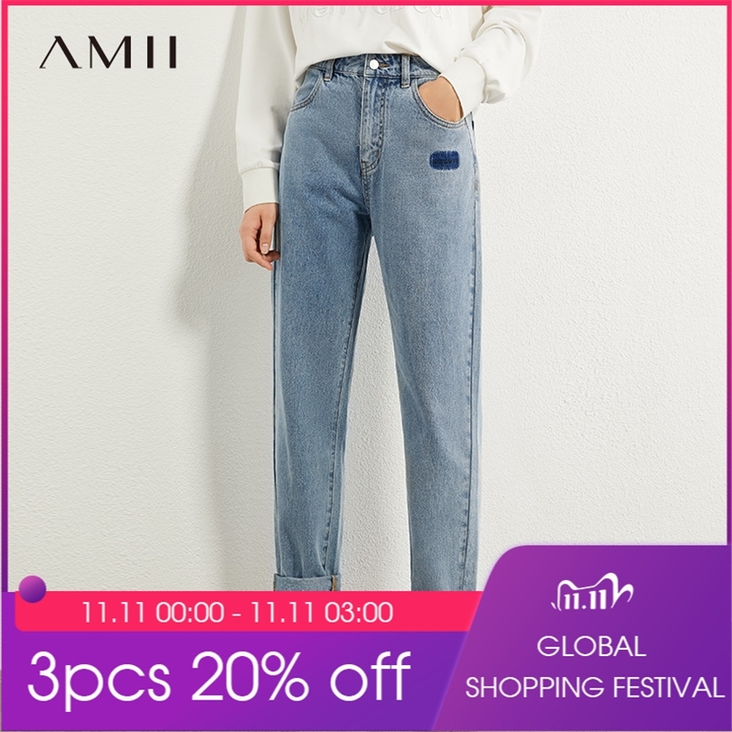 

AMII Minimalism Autumn Fashion Embroidery Female Jeans Causal Cotton High Waist Straight Ankellength Female Jeans 12070215 201109, Black