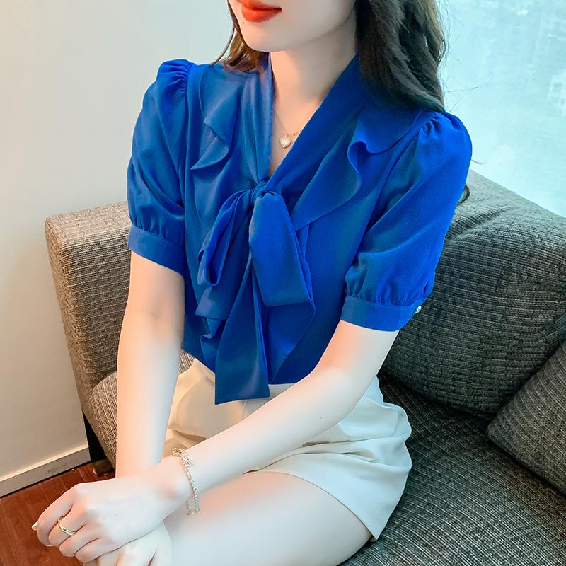 

Women' Blouses & Shirts Bow Collar V-Neck Korean Fashion Women 2022 Summer Season Chiffon Office Ladies Tops Short Sleeve Blue Girls Blouse