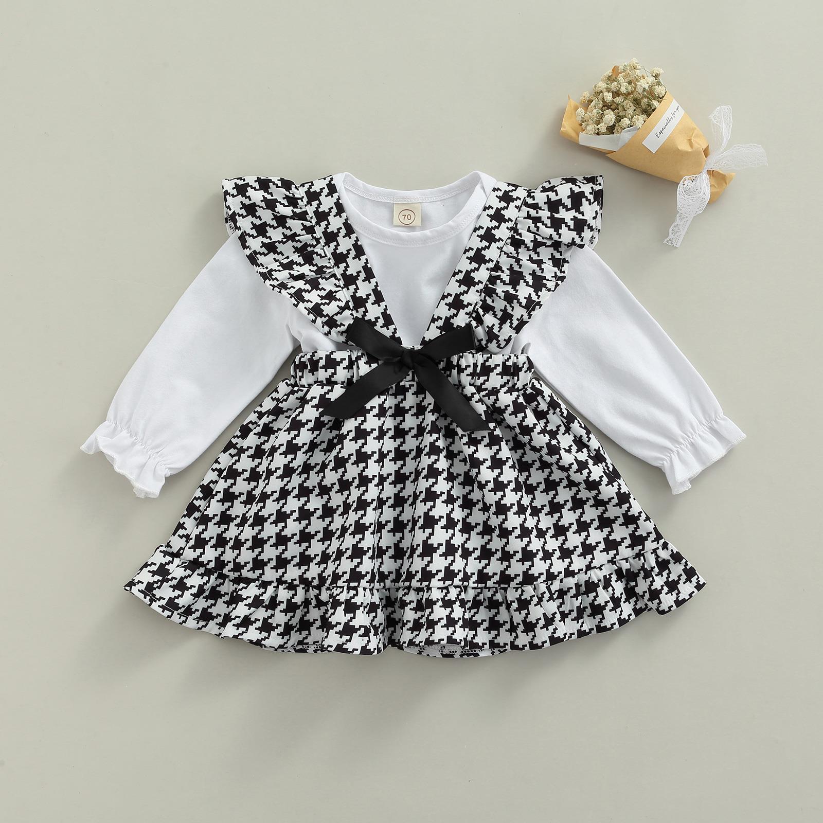

2pcs Toddler Baby Girls Clothes Sets 0-24m Long Sleeve Solid Romper Plaid Printed Suspender Skirt, As picture