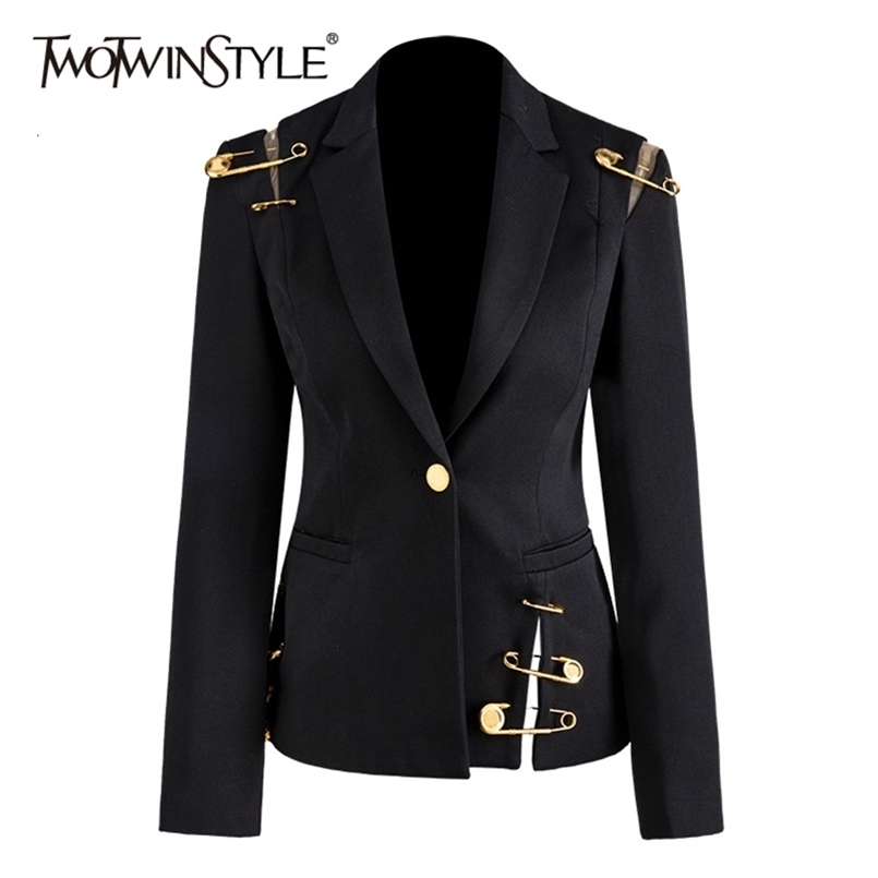 

TWOTWINSTYLE Loose Fit Black Hollow Out Pin Spliced Jacket Blazer Lapel Long Sleeve Women Coat Fashion Autumn Winter 220402
