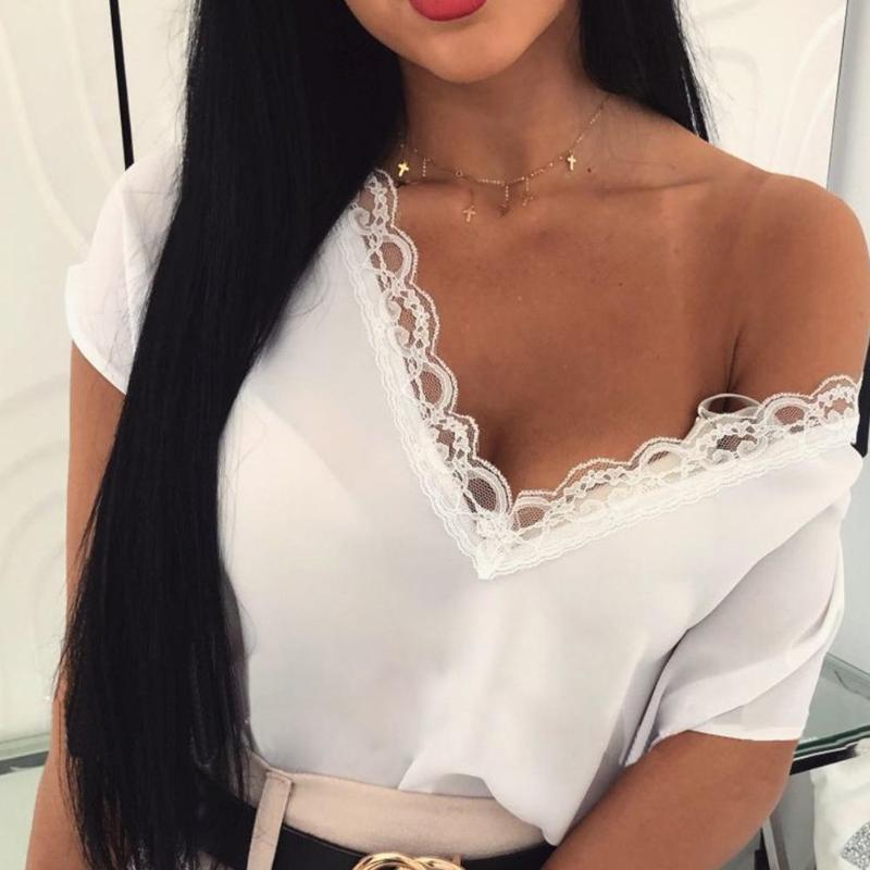 

Women's Blouses & Shirts Plus Size WomenSexy Solid Color Black Lace Patchwork Deep V Neck Short Sleeve Clothesing 2022 Womens Tops, White