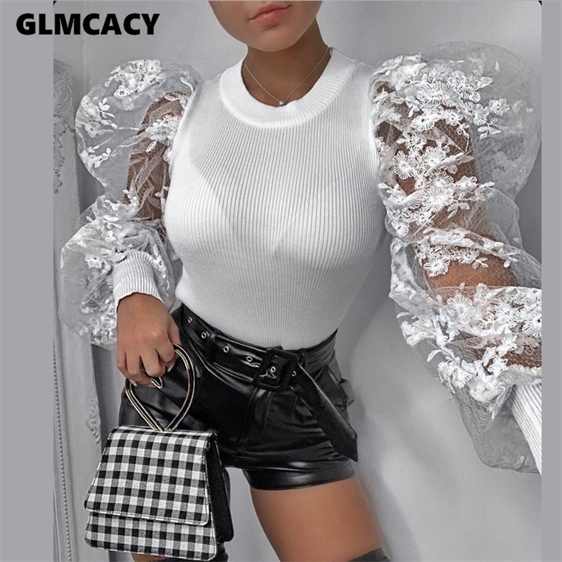 

Women Sexy Lace Embroidery Mesh Blouse Puffed Sleeve Blouse Shirts Long Sleeve O Collar Shirt Blouse T200321, White