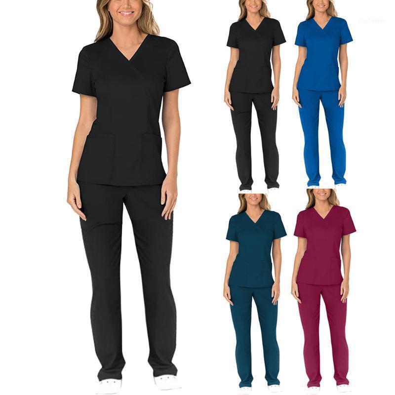 

Healthcare Uniform Quality Unisex Adults Nursing Costume Suits V-neck Short Sleeves Top With Elastic Waist Pant#0417g30 Women' Tracksuits, Black