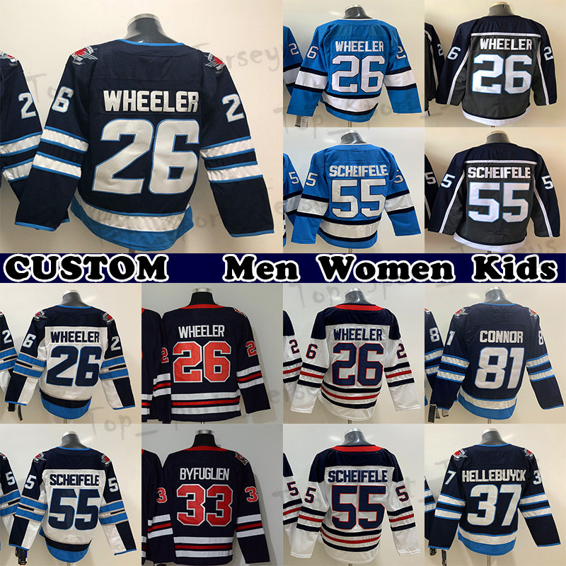 

AD hockey jersey 26 Blake Wheeler 27 Nikolaj Ehlers 55 Mark Scheifele 81 Kyle Connor Custom Mens Womens Youth Any Name Any Number show logo on the front of the jerseys, Navy blue heritage classic youth(kids)