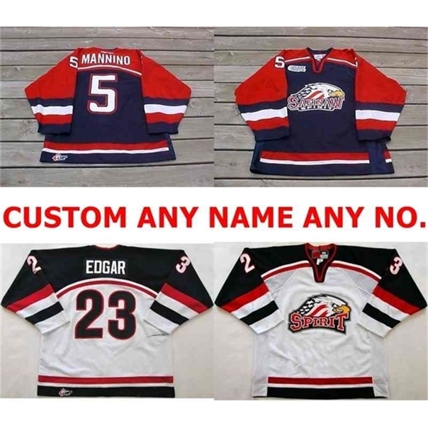 

C26 Nik1 Personalized OHL Saginaw Spirit Jersey 5 Mannino 23 Edgar Mens Womens Kids Stitched Ice Hockey Jerseys Custom Any name NO. Jerseys