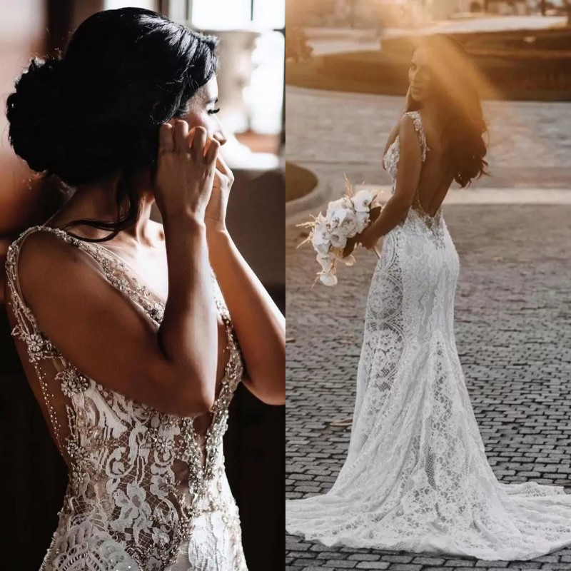 2022 Robes de mariée en dentelle de perles romantiques élégantes Appliques sans dos en V Long Train Bouches nuptiales BC12888 B0619X02