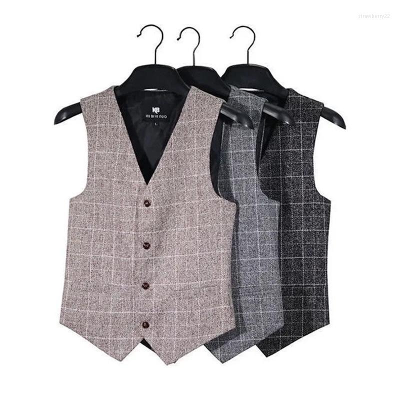 

Men's Vests Woolen Cloth Plaid Suit Vest Men Clothing Korean Slim Casual Waistcoat Fashion Chaleco Hombre Vintage Techwear Gilet Stra22, Khaki