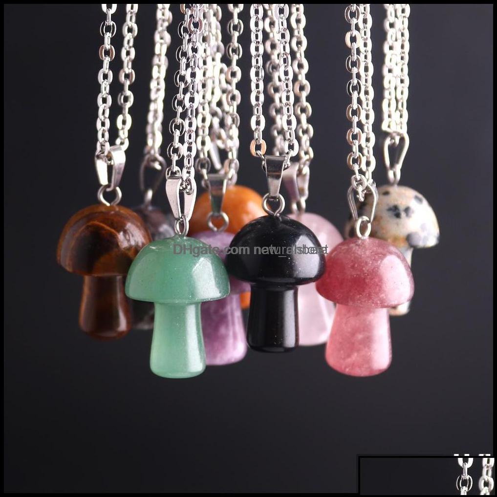 Pendentif Colliers Pendentifs Bijoux Pierre Naturelle Sculpture Champignon Forme Reiki Guérison Cristal Oeil De Tigre Quartz Rose Améthyste Agate