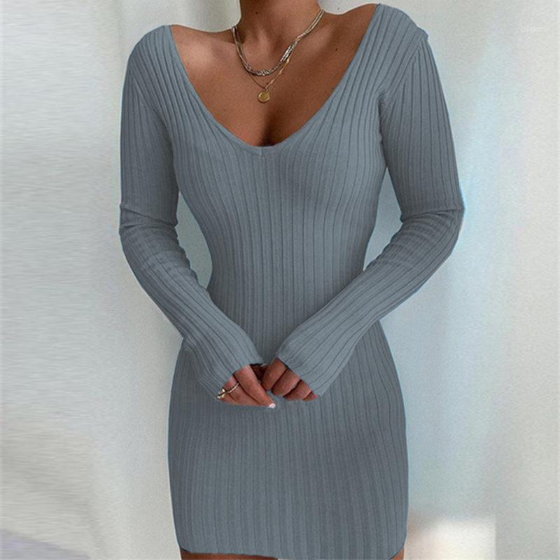 

Casual Dresses Autumn Office Lady Long Sleeve Pullover Dress Spring Sexy Deep V Neck Knitted Women 2022 Elegant Solid Bodycon Party, 03 dark blue