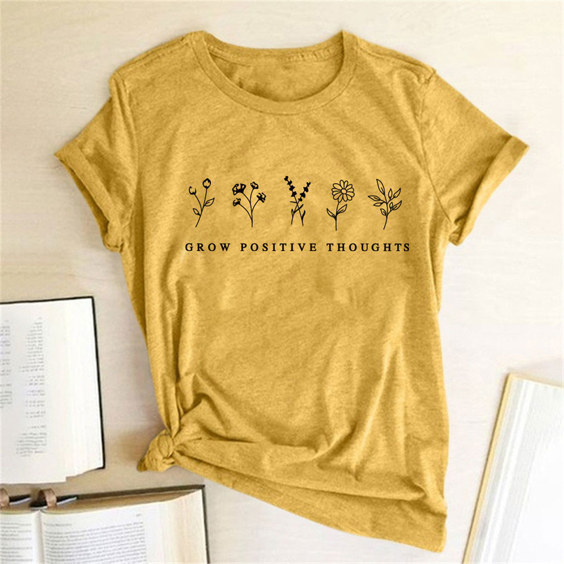 

Grow Positive Thoughts Flowers Printed Tshirt Clothing Summer Tshirts Cotton Women Harajuku Graphic Shirt Aesthetic 220602, Bk