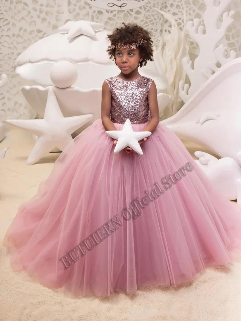 

Girl's Dresses Blush Pink Sparkling Sequins Tulle Flower Girl Ball Gown Baby Girls Birthday Wedding Party Pageants Customised, Black