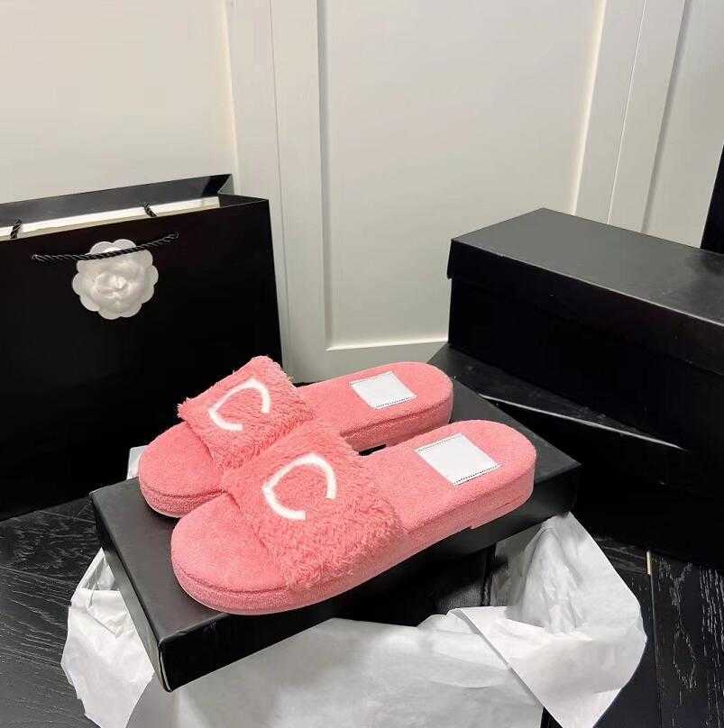 

Top Quality Fur Slippers Designer Wool Slides Pink Solid Color Fashion Home Flat Bottom Slipper Women's Winter Sexy Plush Warmth Flip-Flops, Box