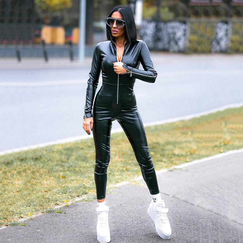 

Gym Clothing Gymystar PU Wet Look Zipper Flexible Close-Fitting Jumpsuits Women Artificial Leather Black Jump Suit For WomenGym